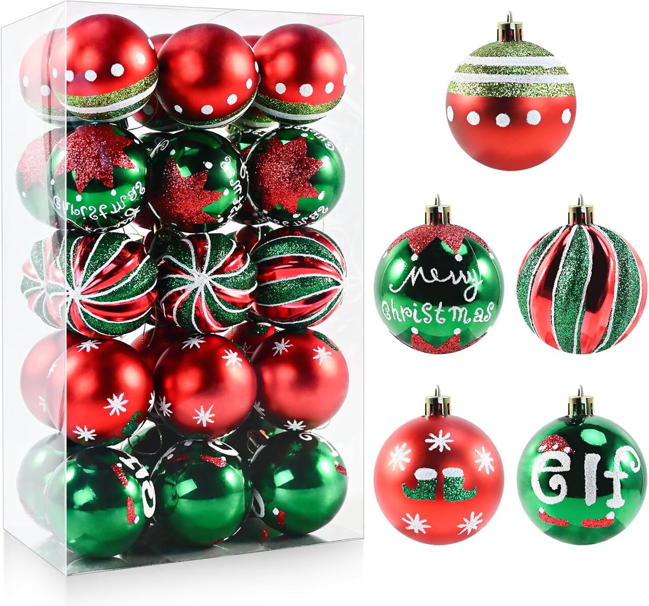 30PCS Christmas Ball Ornaments - 2.36 Inch Red Green White Christmas Balls, Shatterproof Christmas Tree Hanging Ball Ornaments Decorations for Xmas Trees